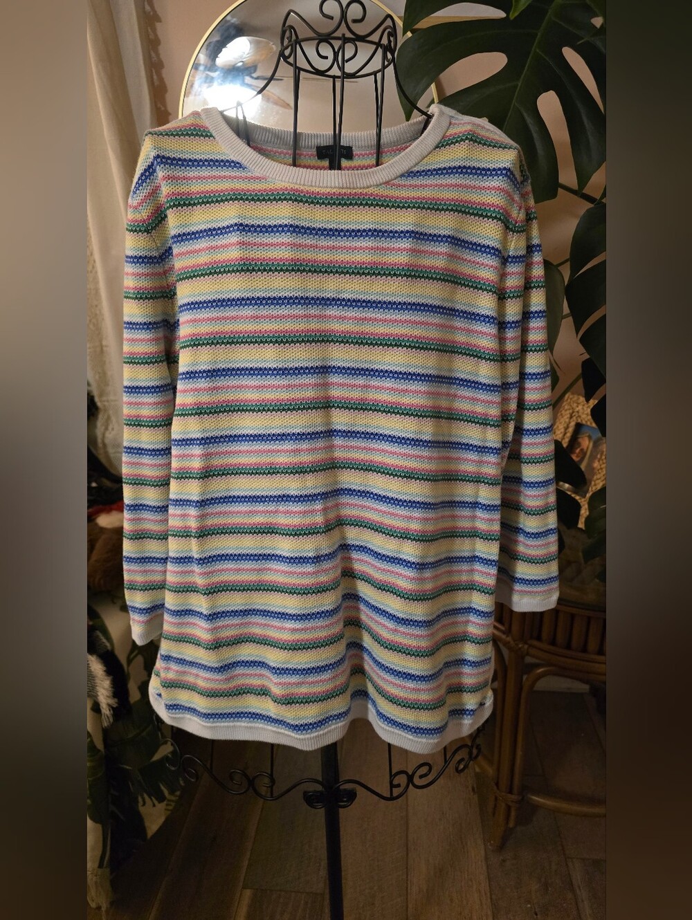 Talbots Rainbow Stripe Textured Knit Gold Shoulder Zip Sweater Top XL